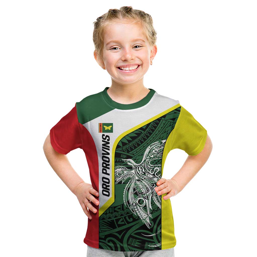 Personalised PNG Oro Province Kid T Shirt Bird of Paradise Tattoo Flag Motif - Polynesian Pride