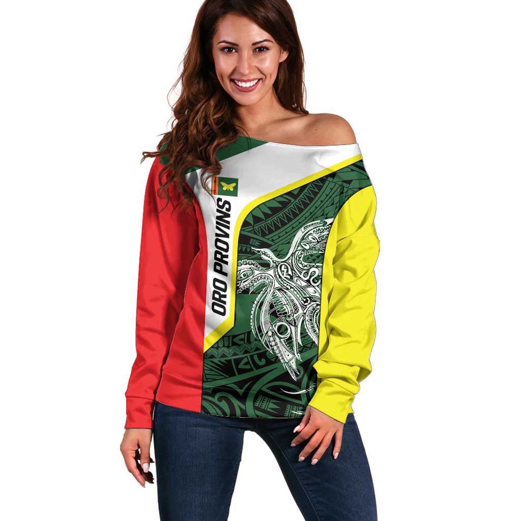 Personalised PNG Oro Province Off Shoulder Sweater Bird of Paradise Tattoo Flag Motif - Polynesian Pride