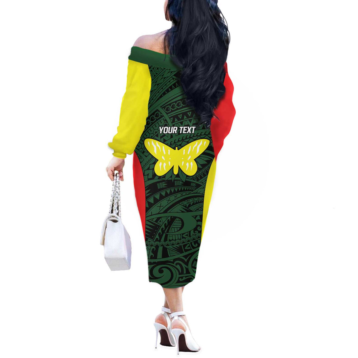 Personalised PNG Oro Province Off The Shoulder Long Sleeve Dress Bird of Paradise Tattoo Flag Motif - Polynesian Pride