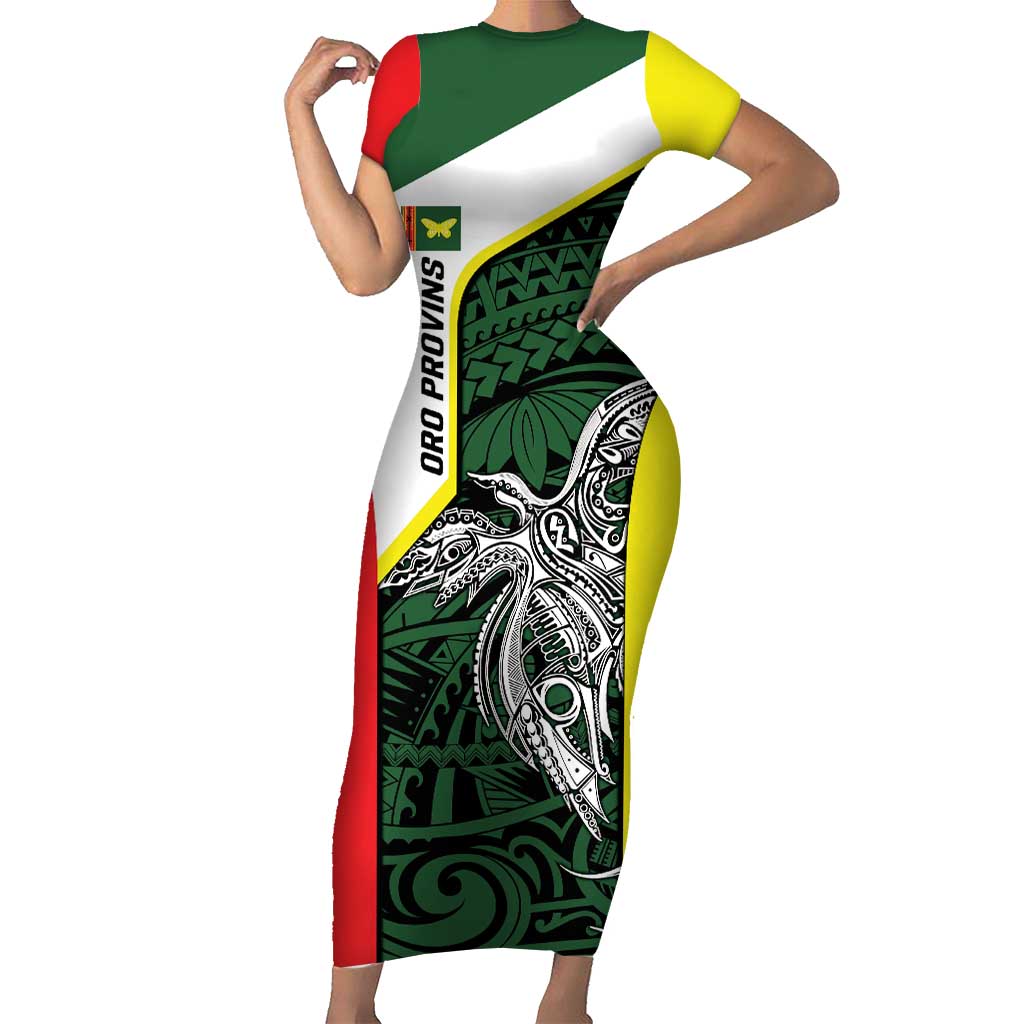 Personalised PNG Oro Province Short Sleeve Bodycon Dress Bird of Paradise Tattoo Flag Motif LT9 Long Dress Green - Polynesian Pride