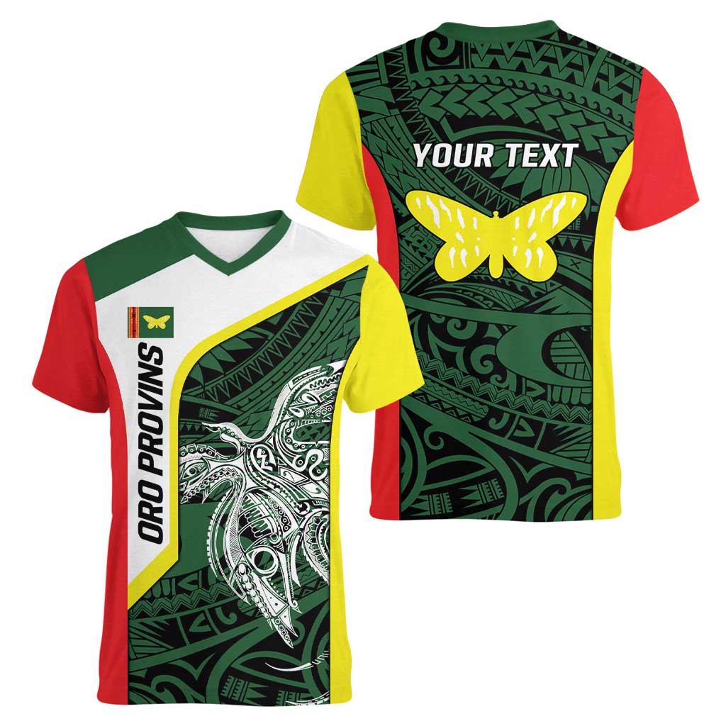 Personalised PNG Oro Province Women V-Neck T-Shirt Bird of Paradise Tattoo Flag Motif - Polynesian Pride