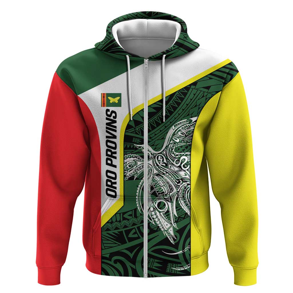 Personalised PNG Oro Province Zip Hoodie Bird of Paradise Tattoo Flag Motif - Polynesian Pride