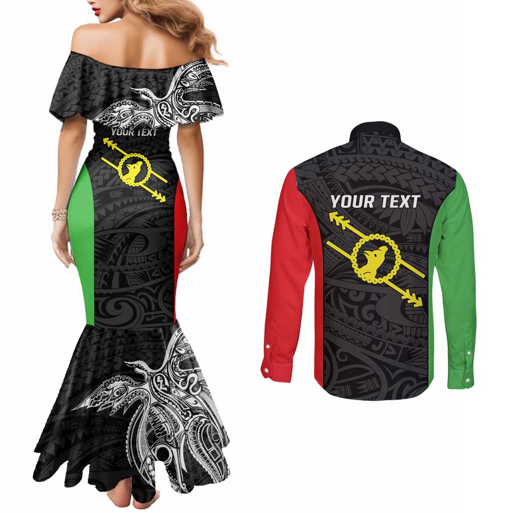 Personalised PNG Southern Highlands Province Couples Matching Mermaid Dress and Long Sleeve Button Shirt Bird of Paradise Tattoo Flag Motif - Polynesian Pride