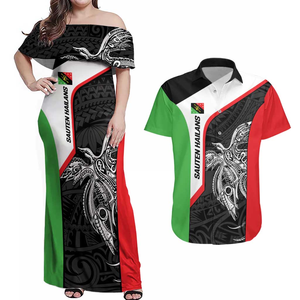Personalised PNG Southern Highlands Province Couples Matching Off Shoulder Maxi Dress and Hawaiian Shirt Bird of Paradise Tattoo Flag Motif - Polynesian Pride