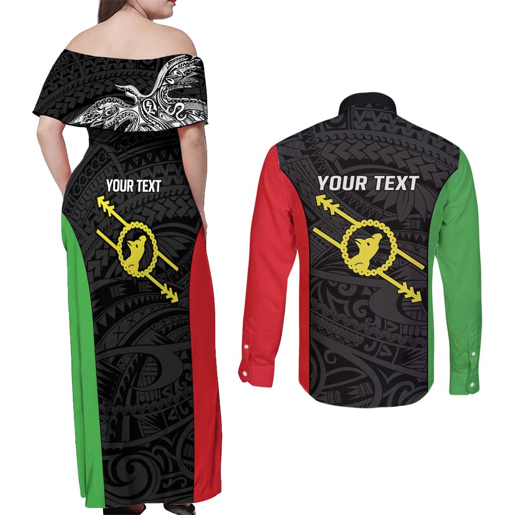 Personalised PNG Southern Highlands Province Couples Matching Off Shoulder Maxi Dress and Long Sleeve Button Shirt Bird of Paradise Tattoo Flag Motif - Polynesian Pride