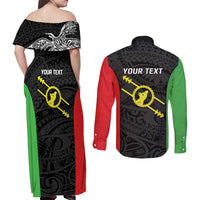 Personalised PNG Southern Highlands Province Couples Matching Off Shoulder Maxi Dress and Long Sleeve Button Shirt Bird of Paradise Tattoo Flag Motif - Polynesian Pride