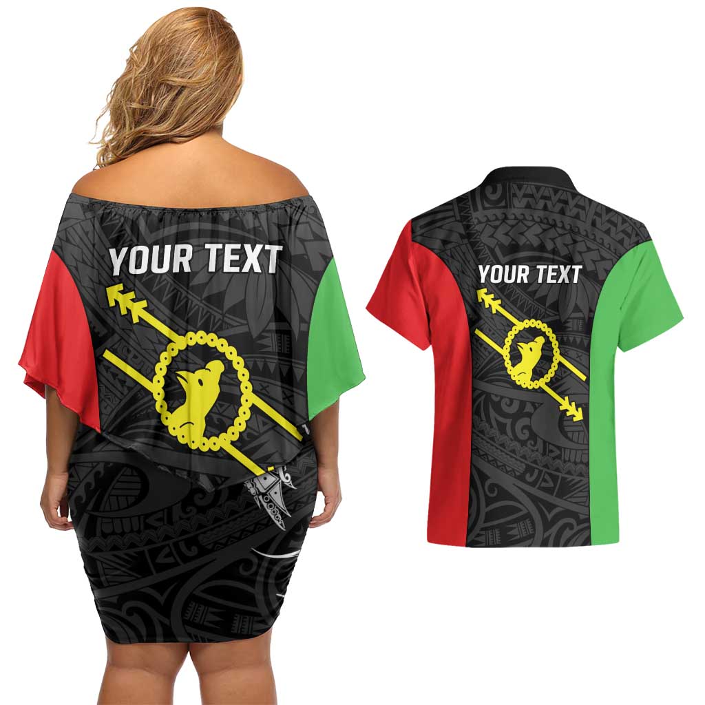 Personalised PNG Southern Highlands Province Couples Matching Off Shoulder Short Dress and Hawaiian Shirt Bird of Paradise Tattoo Flag Motif - Polynesian Pride