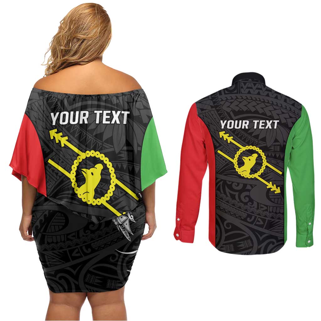 Personalised PNG Southern Highlands Province Couples Matching Off Shoulder Short Dress and Long Sleeve Button Shirt Bird of Paradise Tattoo Flag Motif - Polynesian Pride