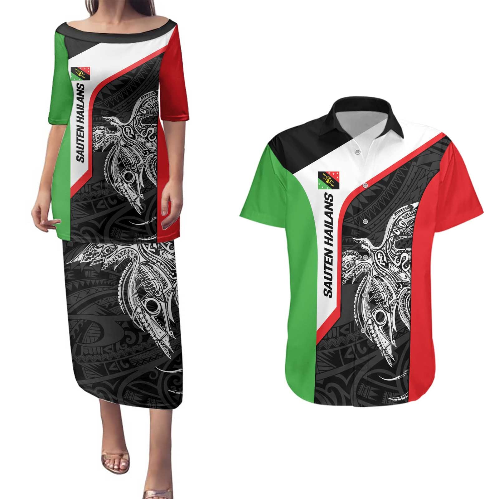 Personalised PNG Southern Highlands Province Couples Matching Puletasi and Hawaiian Shirt Bird of Paradise Tattoo Flag Motif - Polynesian Pride