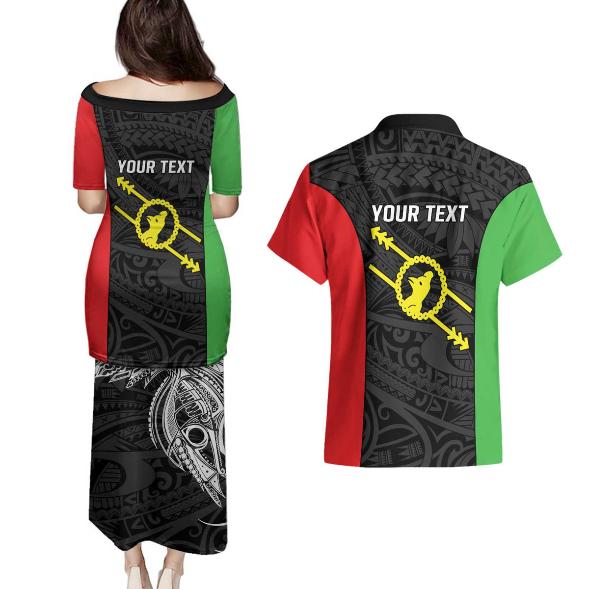 Personalised PNG Southern Highlands Province Couples Matching Puletasi and Hawaiian Shirt Bird of Paradise Tattoo Flag Motif - Polynesian Pride