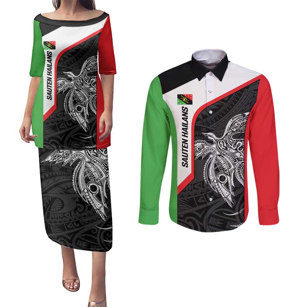 Personalised PNG Southern Highlands Province Couples Matching Puletasi and Long Sleeve Button Shirt Bird of Paradise Tattoo Flag Motif - Polynesian Pride