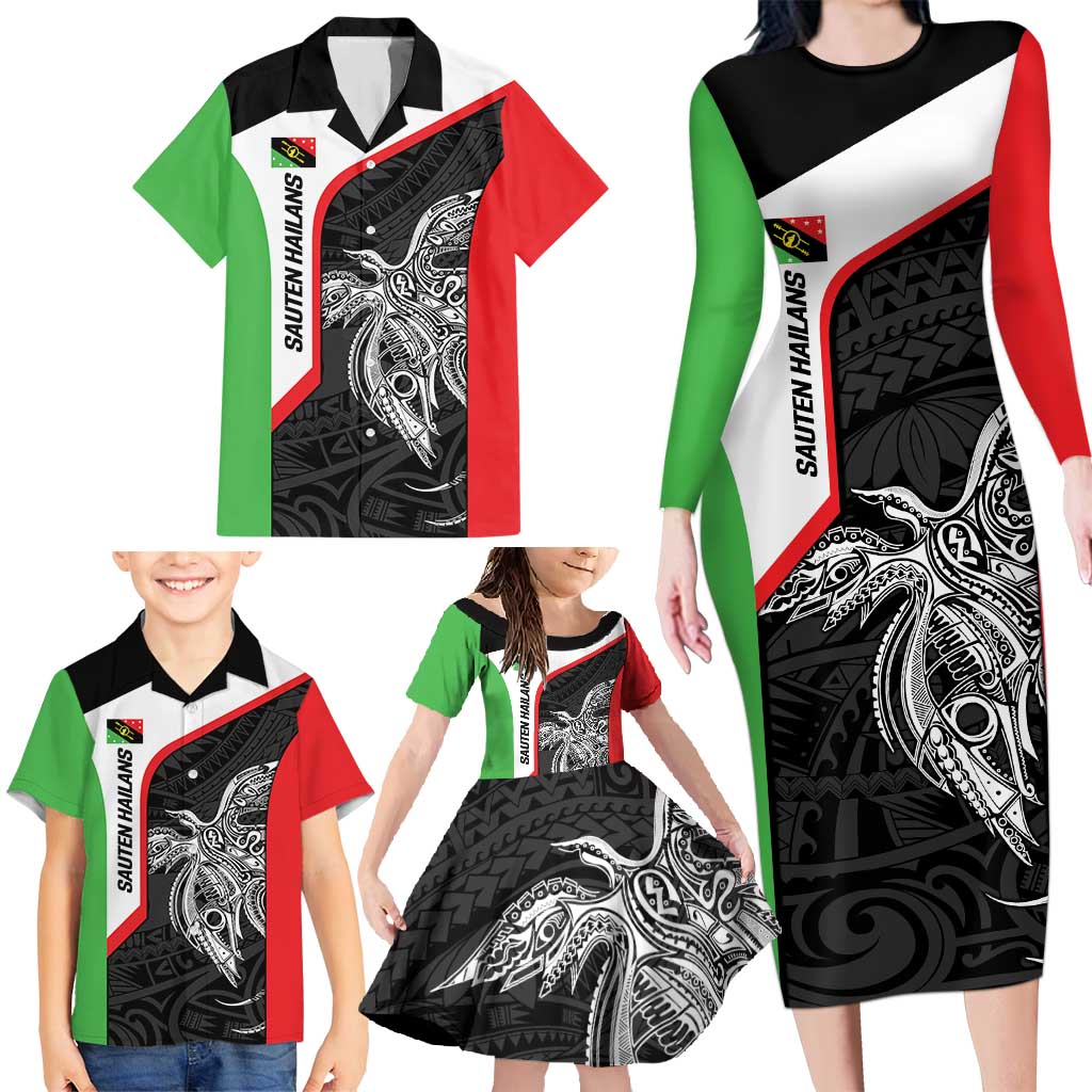 Personalised PNG Southern Highlands Province Family Matching Long Sleeve Bodycon Dress and Hawaiian Shirt Bird of Paradise Tattoo Flag Motif LT9 - Polynesian Pride