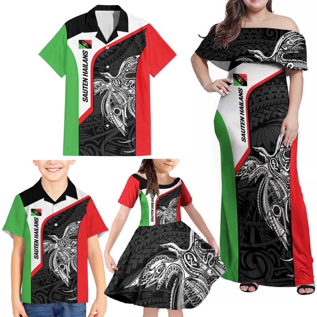 Personalised PNG Southern Highlands Province Family Matching Off Shoulder Maxi Dress and Hawaiian Shirt Bird of Paradise Tattoo Flag Motif - Polynesian Pride