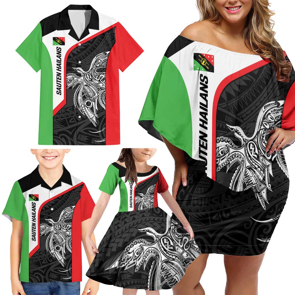 Personalised PNG Southern Highlands Province Family Matching Off Shoulder Short Dress and Hawaiian Shirt Bird of Paradise Tattoo Flag Motif - Polynesian Pride