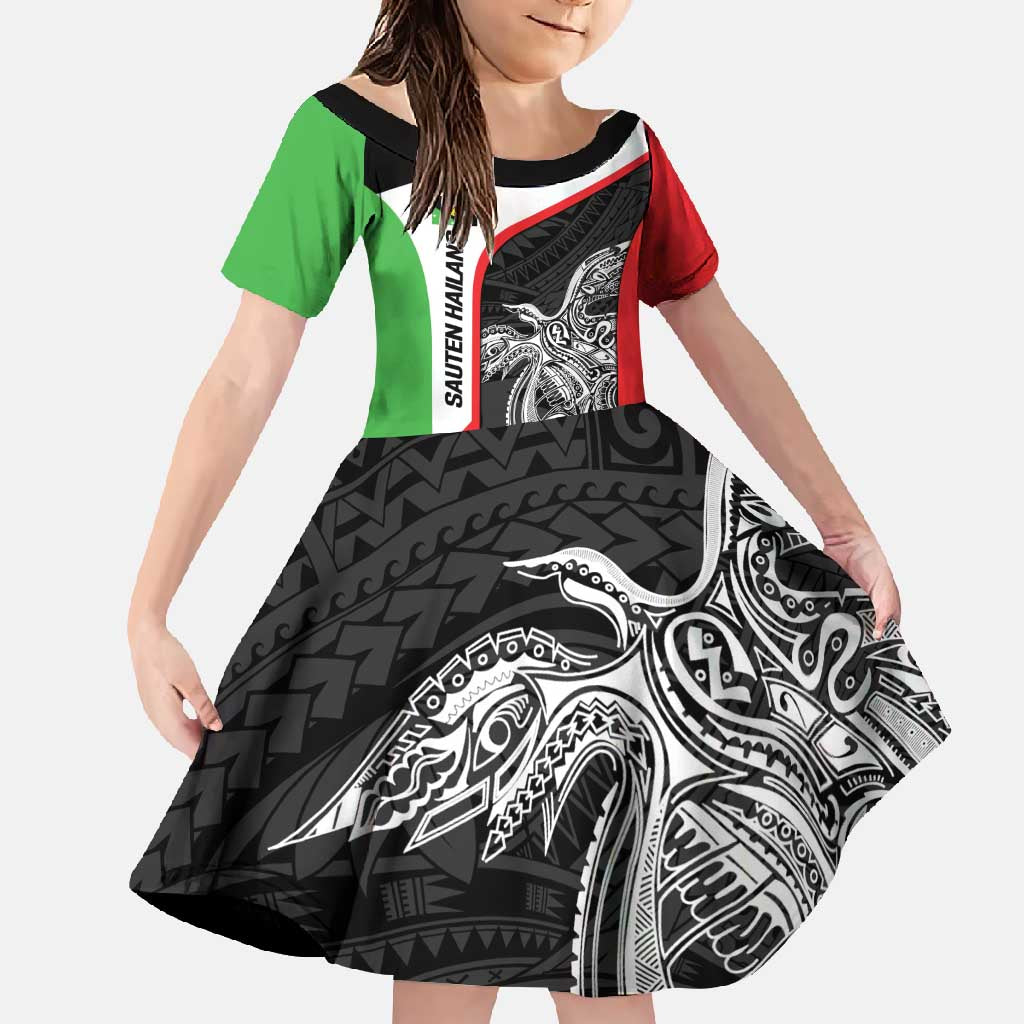 Personalised PNG Southern Highlands Province Family Matching Short Sleeve Bodycon Dress and Hawaiian Shirt Bird of Paradise Tattoo Flag Motif LT9 Daughter's Dress Red - Polynesian Pride