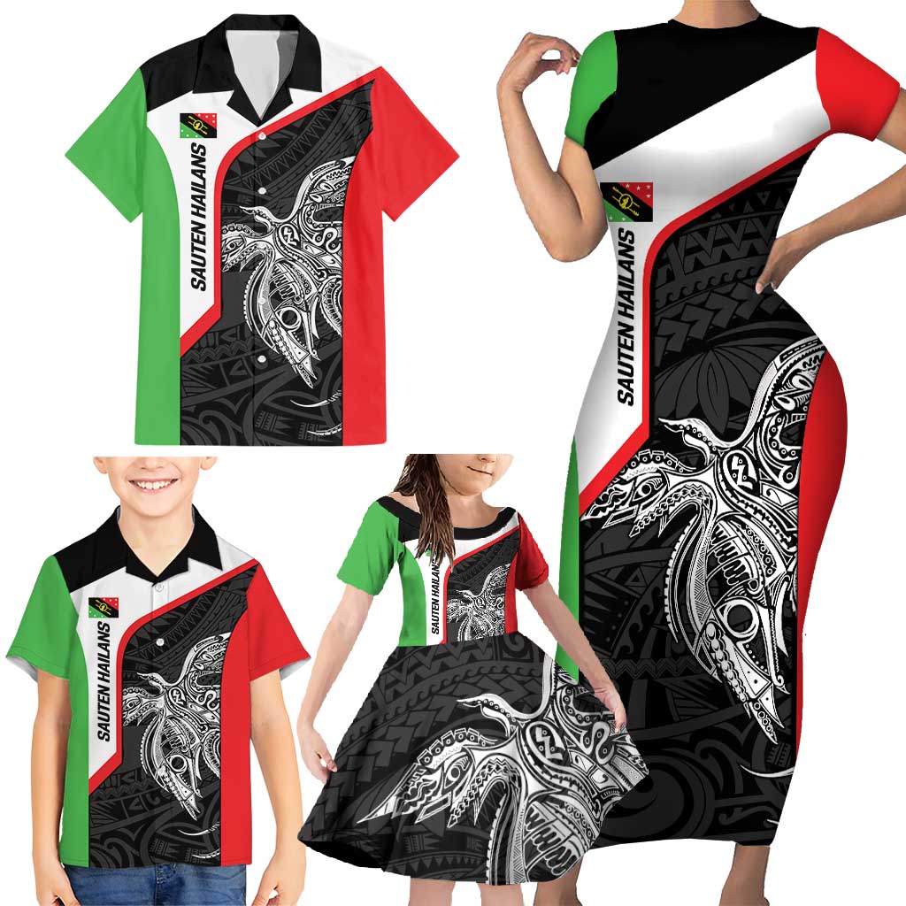 Personalised PNG Southern Highlands Province Family Matching Short Sleeve Bodycon Dress and Hawaiian Shirt Bird of Paradise Tattoo Flag Motif LT9 - Polynesian Pride