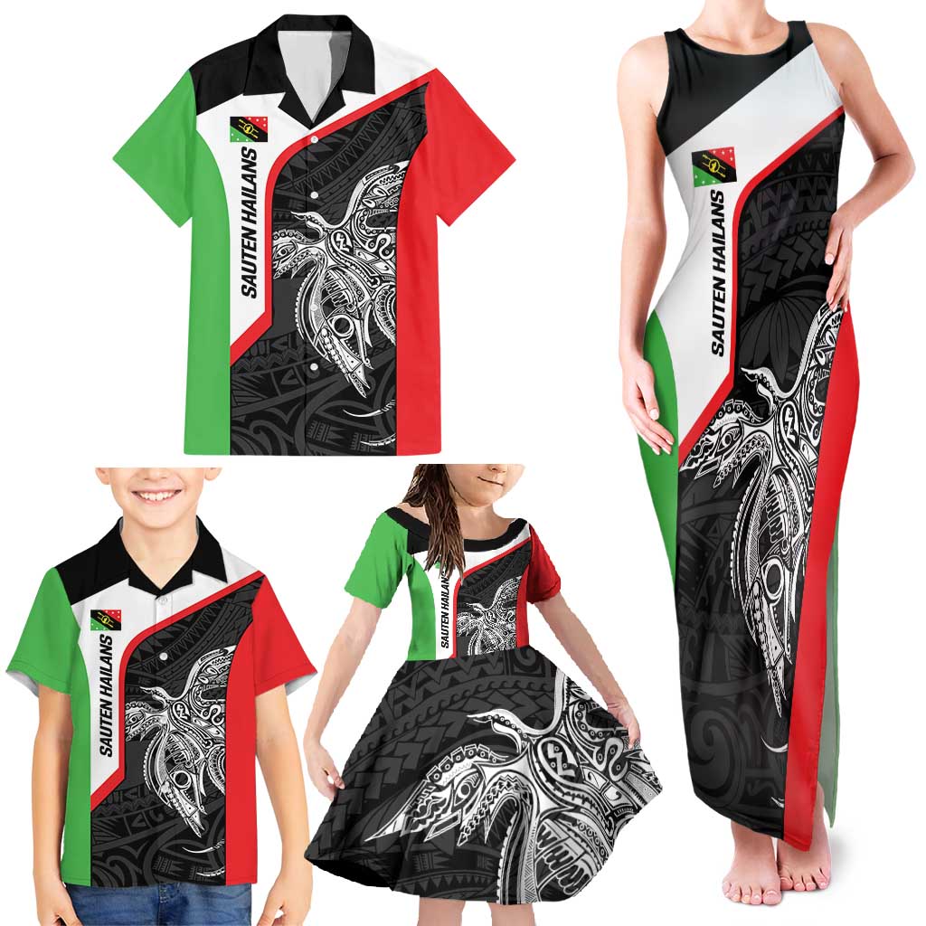 Personalised PNG Southern Highlands Province Family Matching Tank Maxi Dress and Hawaiian Shirt Bird of Paradise Tattoo Flag Motif - Polynesian Pride