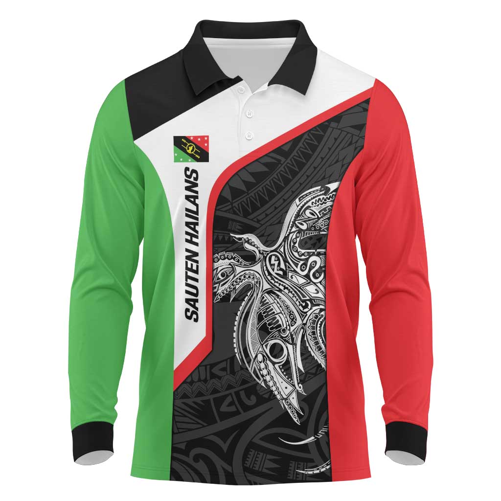 Personalised PNG Southern Highlands Province Long Sleeve Polo Shirt Bird of Paradise Tattoo Flag Motif - Polynesian Pride