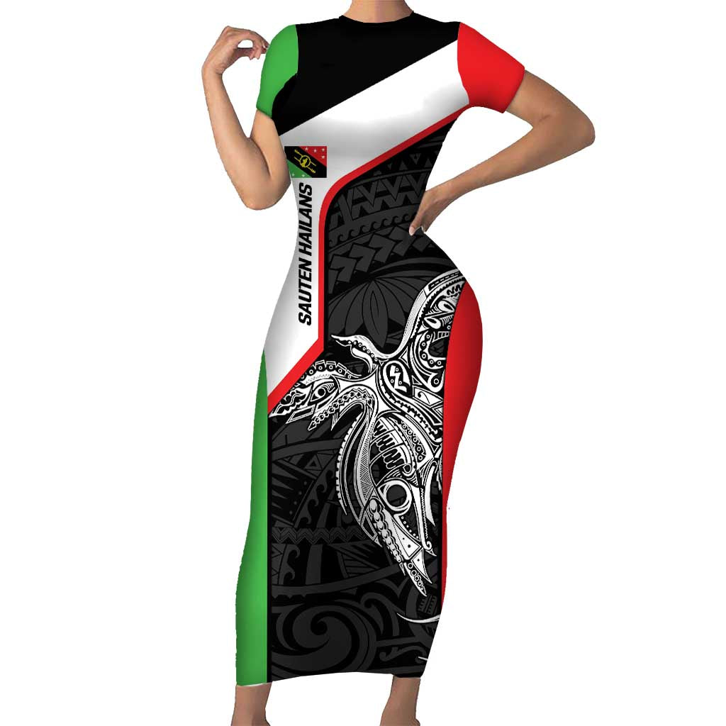 Personalised PNG Southern Highlands Province Short Sleeve Bodycon Dress Bird of Paradise Tattoo Flag Motif - Polynesian Pride