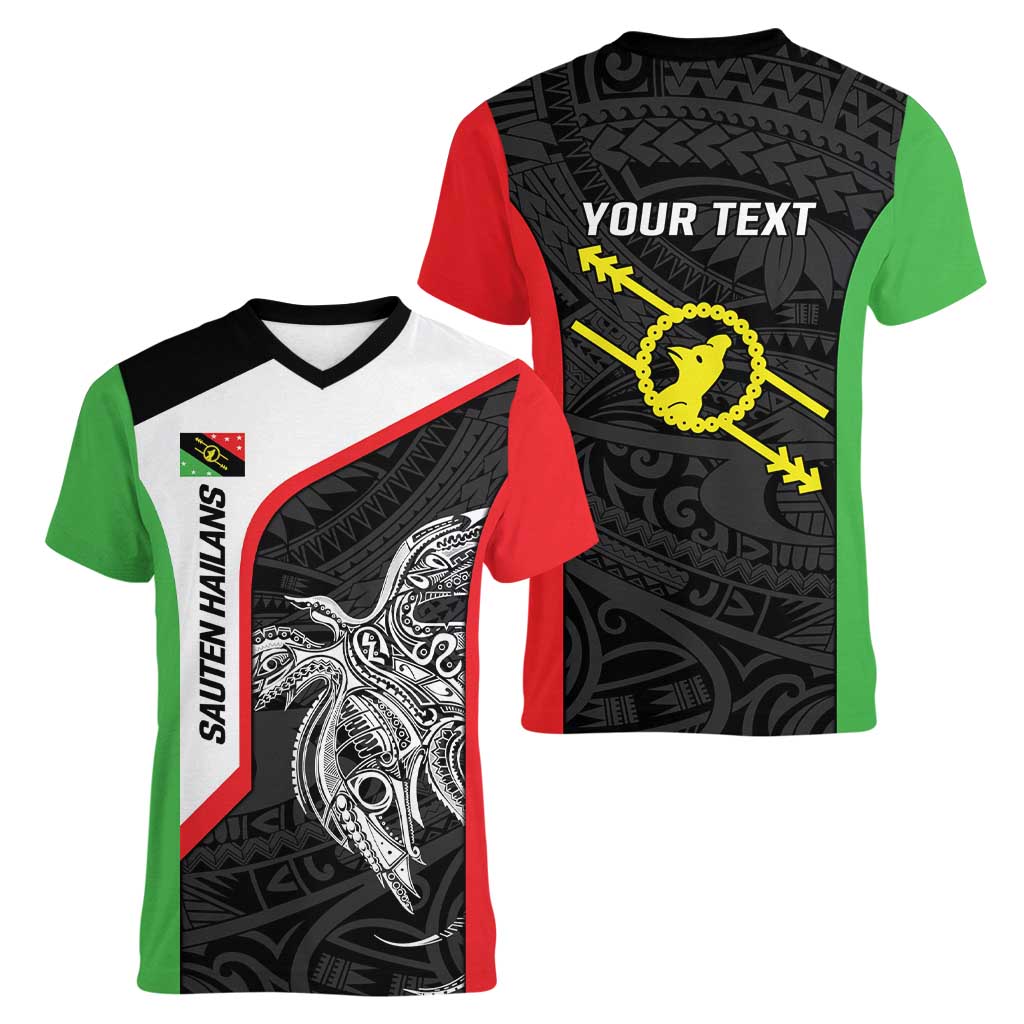 Personalised PNG Southern Highlands Province Women V-Neck T-Shirt Bird of Paradise Tattoo Flag Motif - Polynesian Pride