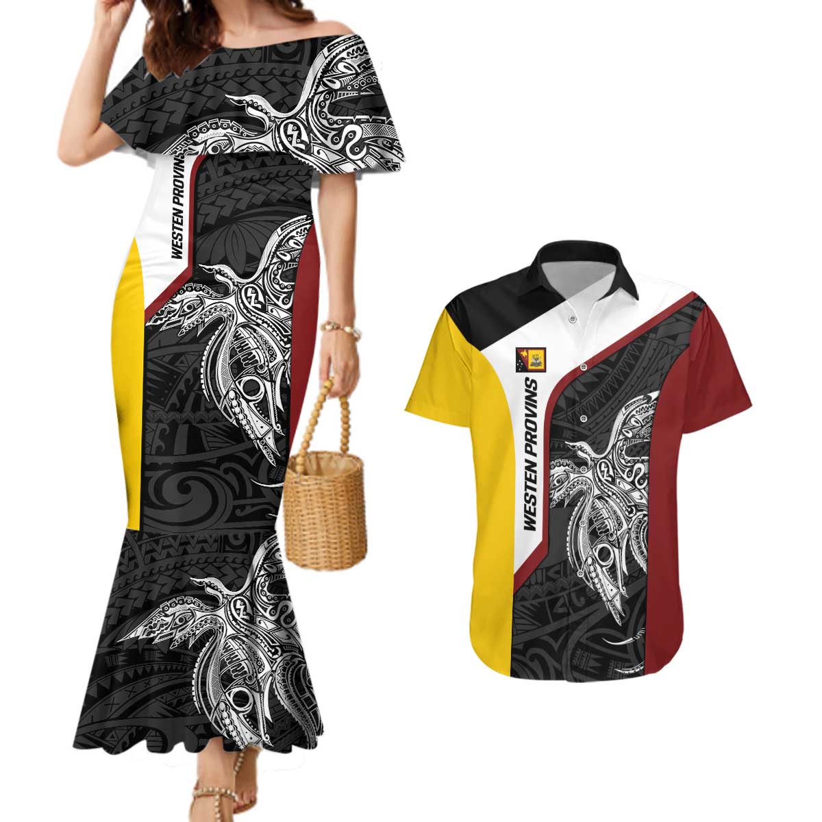 Personalised PNG Western Province Couples Matching Mermaid Dress and Hawaiian Shirt Bird of Paradise Tattoo Flag Motif - Polynesian Pride
