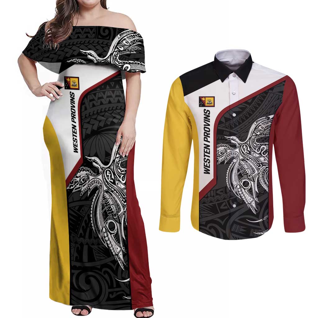 Personalised PNG Western Province Couples Matching Off Shoulder Maxi Dress and Long Sleeve Button Shirt Bird of Paradise Tattoo Flag Motif - Polynesian Pride