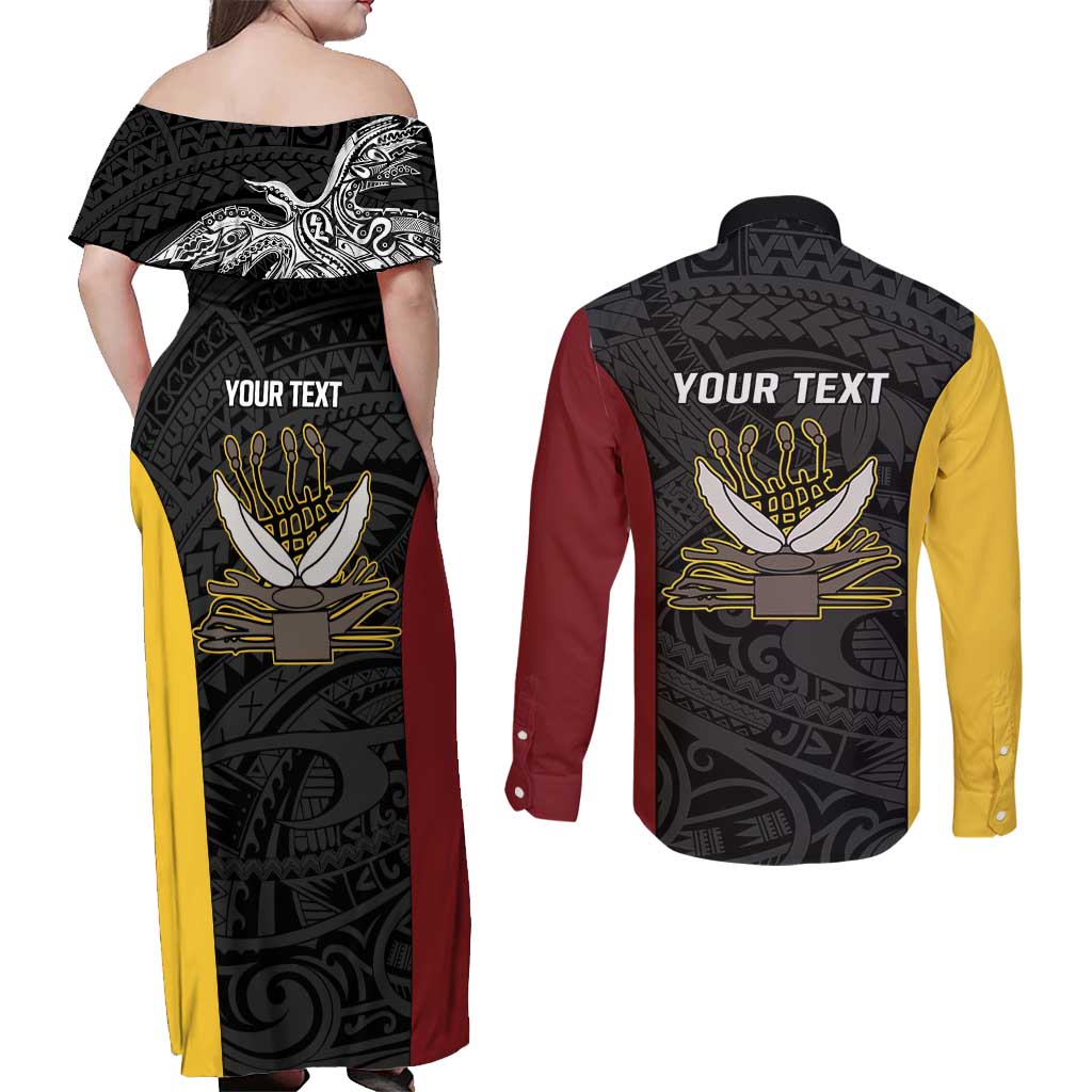 Personalised PNG Western Province Couples Matching Off Shoulder Maxi Dress and Long Sleeve Button Shirt Bird of Paradise Tattoo Flag Motif - Polynesian Pride