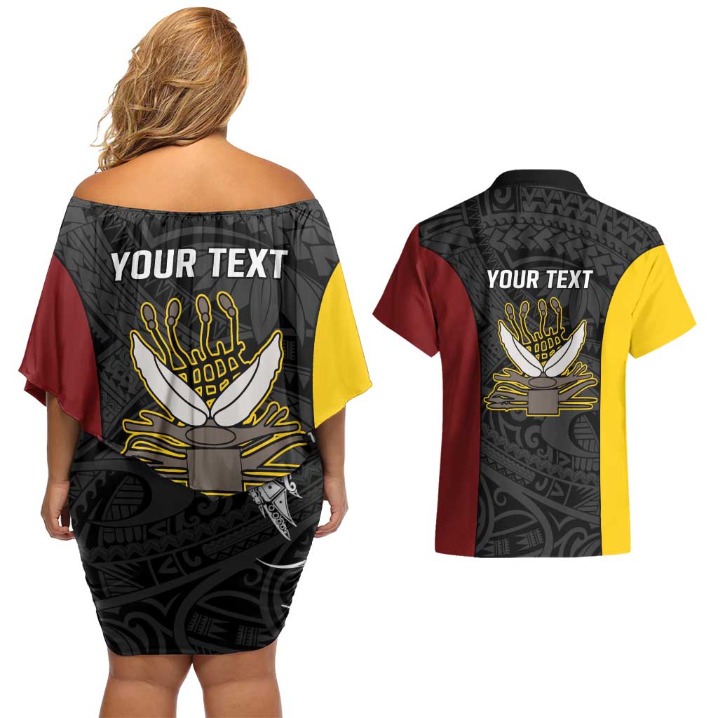 Personalised PNG Western Province Couples Matching Off Shoulder Short Dress and Hawaiian Shirt Bird of Paradise Tattoo Flag Motif - Polynesian Pride