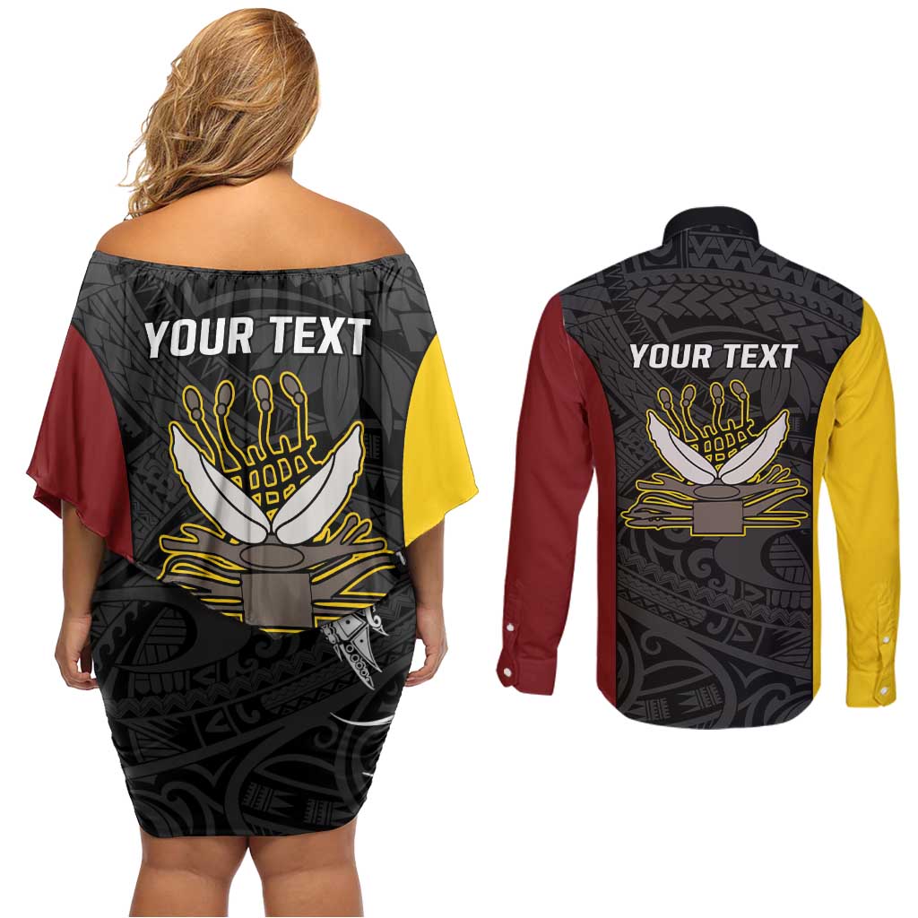 Personalised PNG Western Province Couples Matching Off Shoulder Short Dress and Long Sleeve Button Shirt Bird of Paradise Tattoo Flag Motif - Polynesian Pride