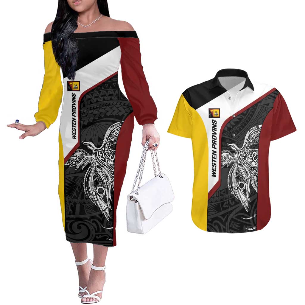 Personalised PNG Western Province Couples Matching Off The Shoulder Long Sleeve Dress and Hawaiian Shirt Bird of Paradise Tattoo Flag Motif - Polynesian Pride