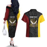 Personalised PNG Western Province Couples Matching Off The Shoulder Long Sleeve Dress and Hawaiian Shirt Bird of Paradise Tattoo Flag Motif - Polynesian Pride