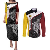 Personalised PNG Western Province Couples Matching Puletasi and Long Sleeve Button Shirt Bird of Paradise Tattoo Flag Motif - Polynesian Pride