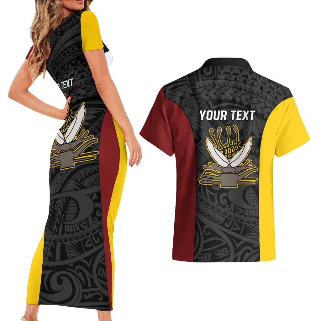 Personalised PNG Western Province Couples Matching Short Sleeve Bodycon Dress and Hawaiian Shirt Bird of Paradise Tattoo Flag Motif - Polynesian Pride