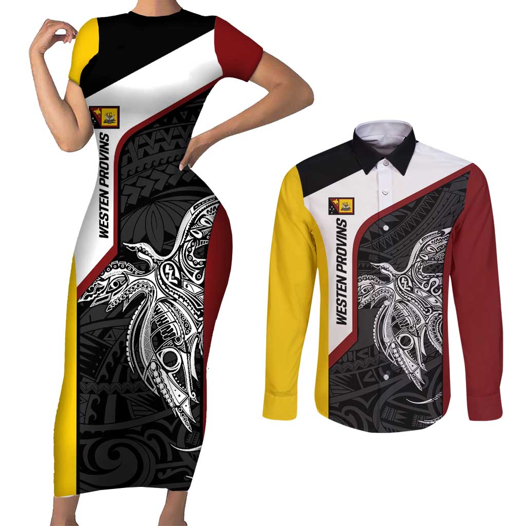 Personalised PNG Western Province Couples Matching Short Sleeve Bodycon Dress and Long Sleeve Button Shirt Bird of Paradise Tattoo Flag Motif - Polynesian Pride