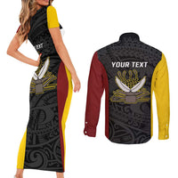 Personalised PNG Western Province Couples Matching Short Sleeve Bodycon Dress and Long Sleeve Button Shirt Bird of Paradise Tattoo Flag Motif - Polynesian Pride