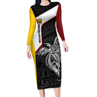 Personalised PNG Western Province Family Matching Long Sleeve Bodycon Dress and Hawaiian Shirt Bird of Paradise Tattoo Flag Motif LT9 Mom's Dress Red - Polynesian Pride