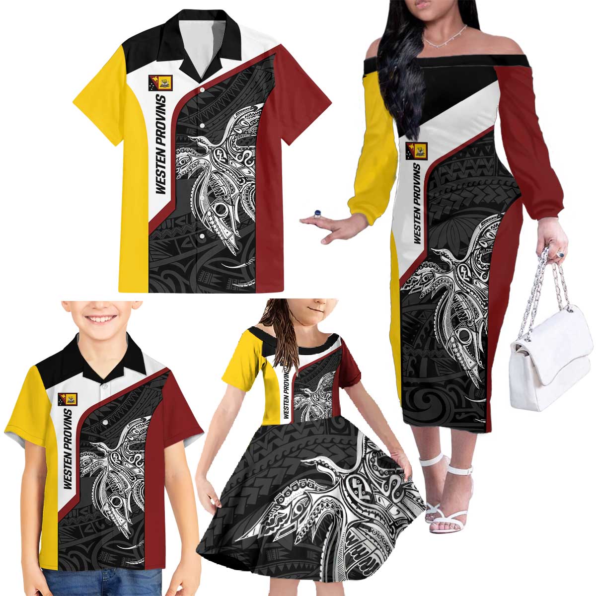 Personalised PNG Western Province Family Matching Off The Shoulder Long Sleeve Dress and Hawaiian Shirt Bird of Paradise Tattoo Flag Motif - Polynesian Pride