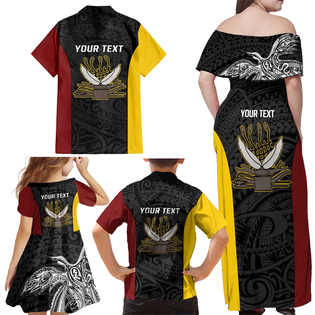 Personalised PNG Western Province Family Matching Off Shoulder Maxi Dress and Hawaiian Shirt Bird of Paradise Tattoo Flag Motif - Polynesian Pride