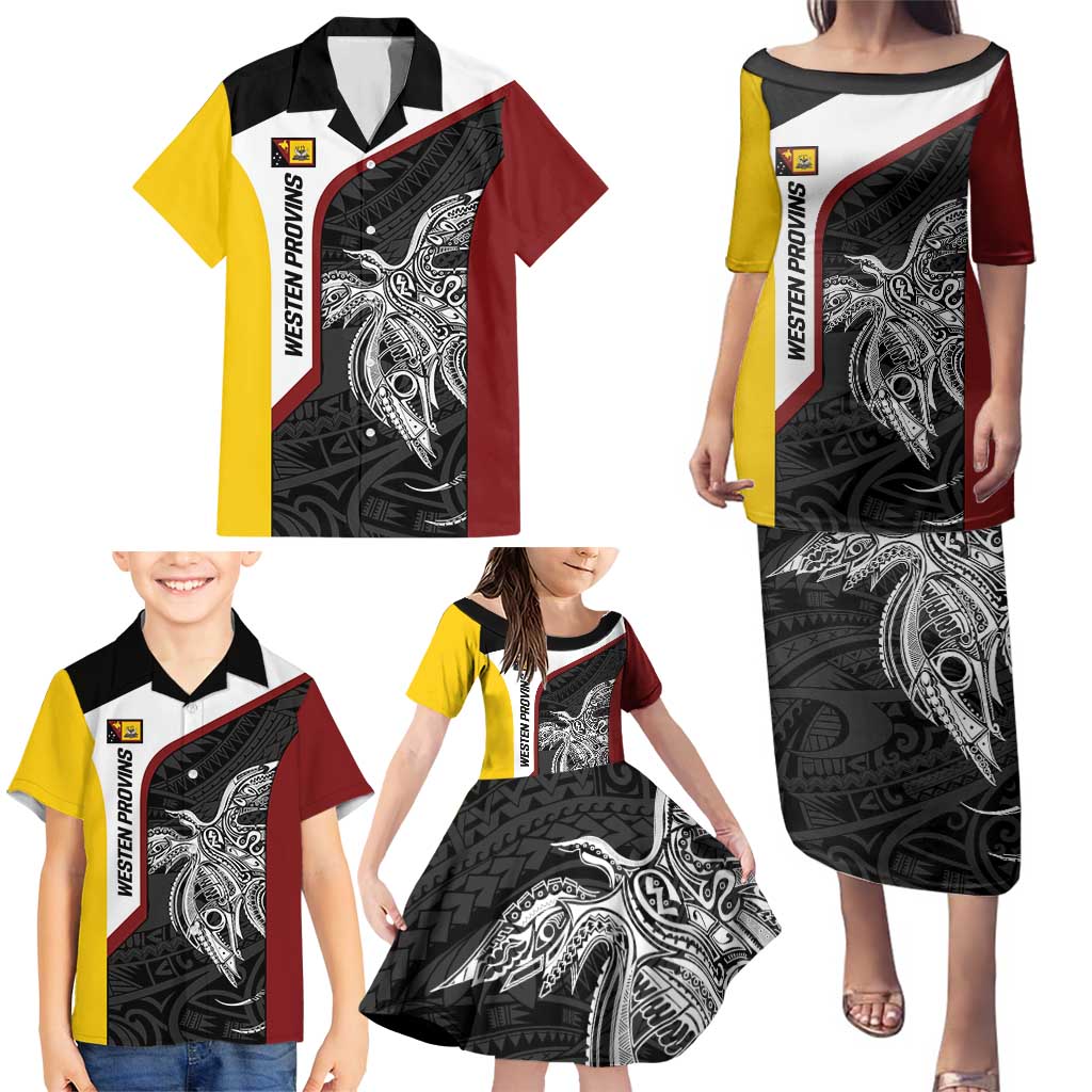 Personalised PNG Western Province Family Matching Puletasi and Hawaiian Shirt Bird of Paradise Tattoo Flag Motif - Polynesian Pride