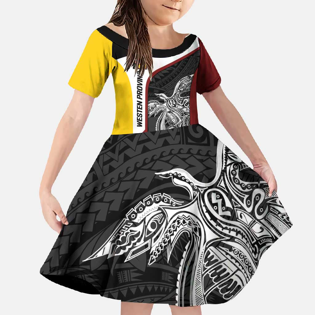 Personalised PNG Western Province Family Matching Short Sleeve Bodycon Dress and Hawaiian Shirt Bird of Paradise Tattoo Flag Motif LT9 Daughter's Dress Red - Polynesian Pride