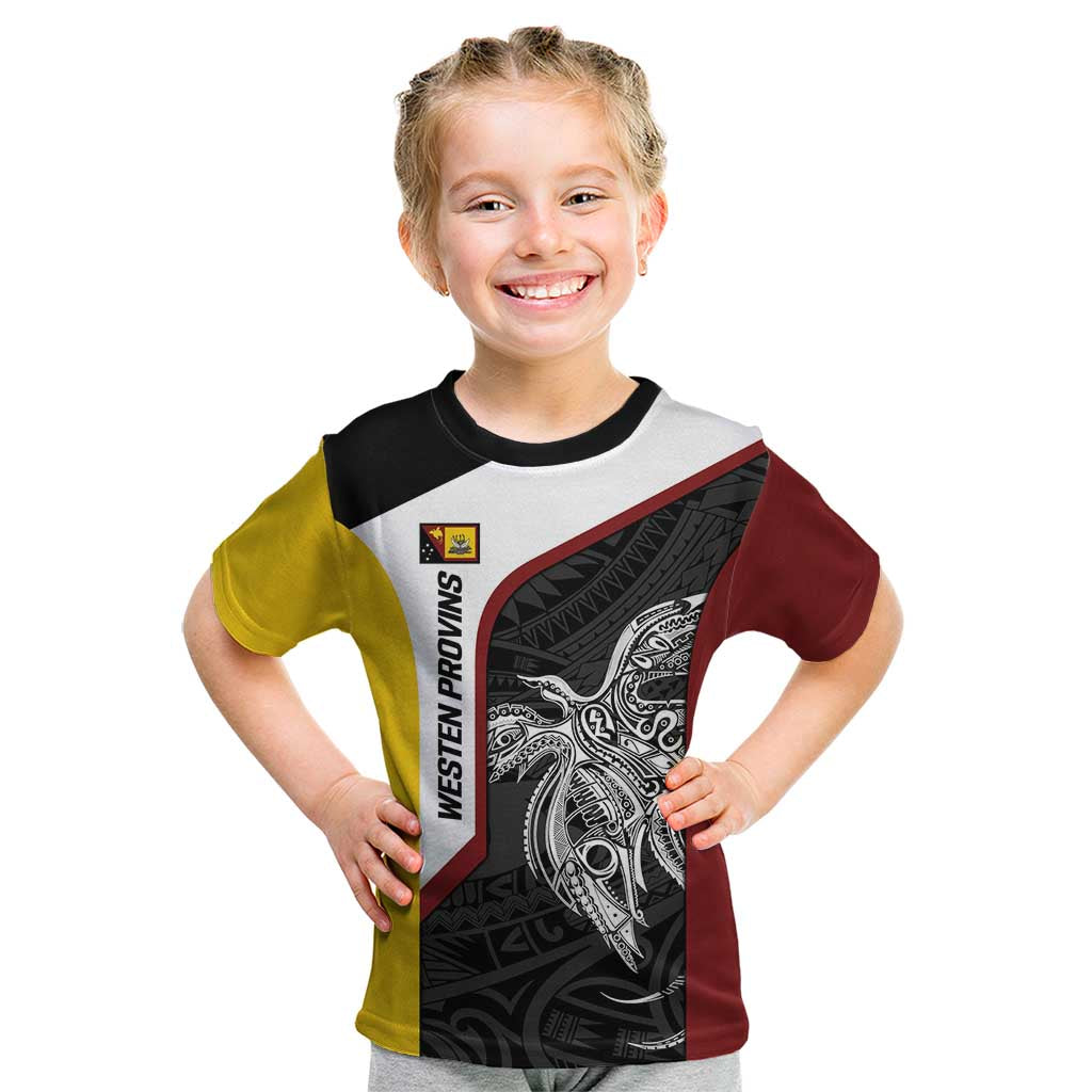 Personalised PNG Western Province Kid T Shirt Bird of Paradise Tattoo Flag Motif - Polynesian Pride
