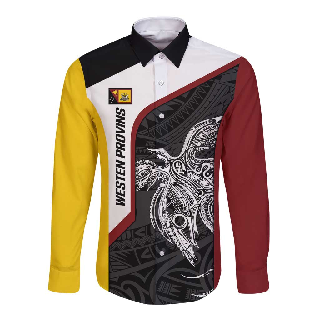 Personalised PNG Western Province Long Sleeve Button Shirt Bird of Paradise Tattoo Flag Motif - Polynesian Pride