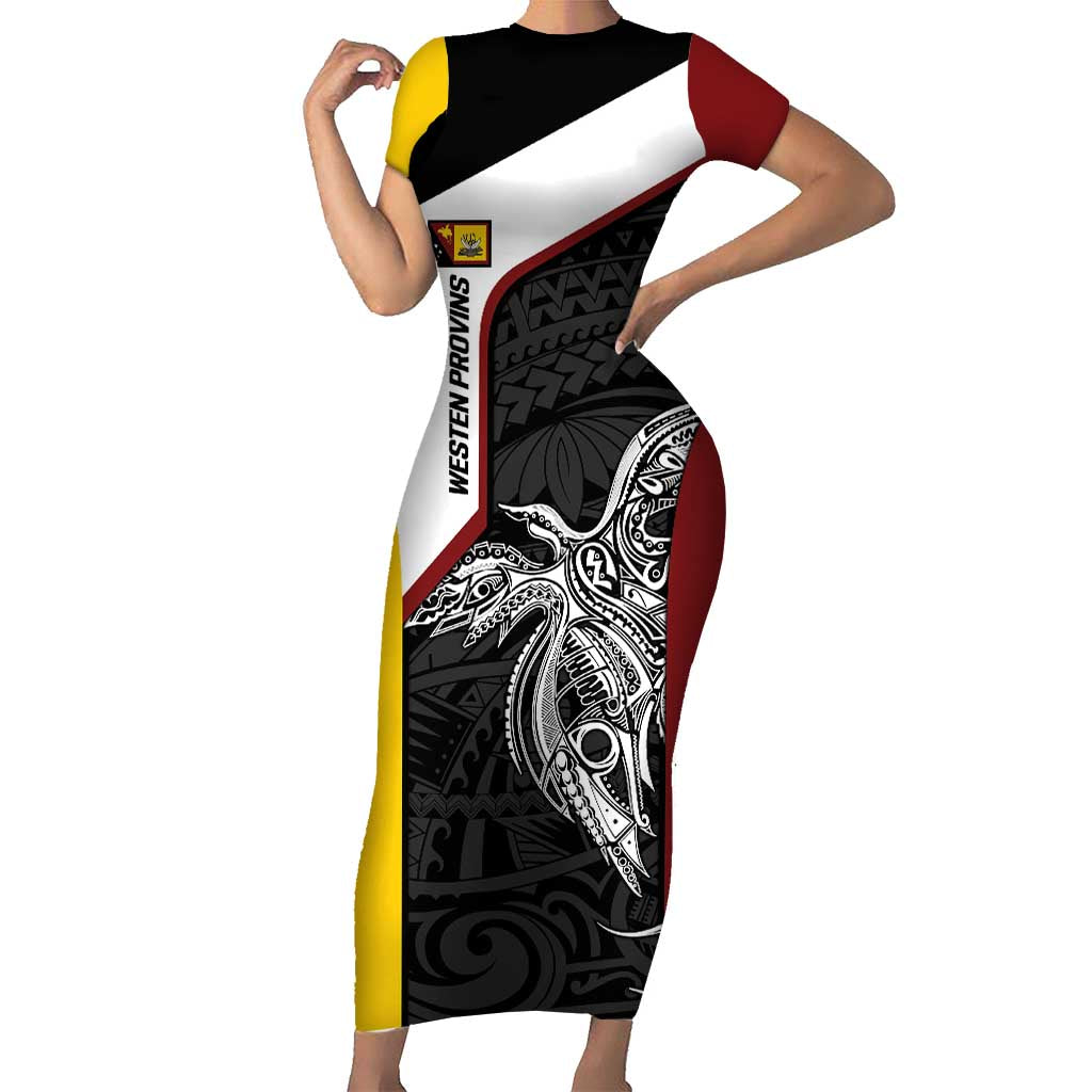 Personalised PNG Western Province Short Sleeve Bodycon Dress Bird of Paradise Tattoo Flag Motif LT9 Long Dress Red - Polynesian Pride
