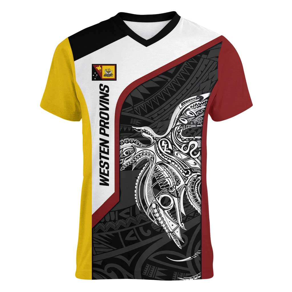 Personalised PNG Western Province Women V-Neck T-Shirt Bird of Paradise Tattoo Flag Motif - Polynesian Pride