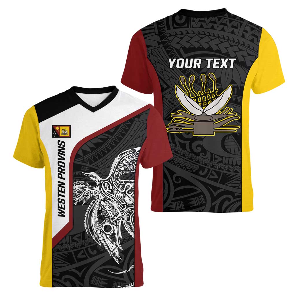 Personalised PNG Western Province Women V-Neck T-Shirt Bird of Paradise Tattoo Flag Motif - Polynesian Pride