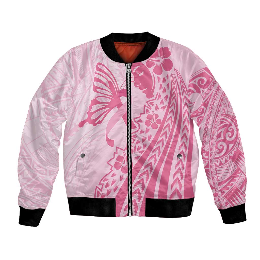Pacific Girl and Butterfly Cancer Ribbon Personalised Bomber Jacket LT9 Unisex Pink - Polynesian Pride