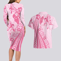 Pacific Girl and Butterfly Cancer Ribbon Personalised Couples Matching Long Sleeve Bodycon Dress and Hawaiian Shirt