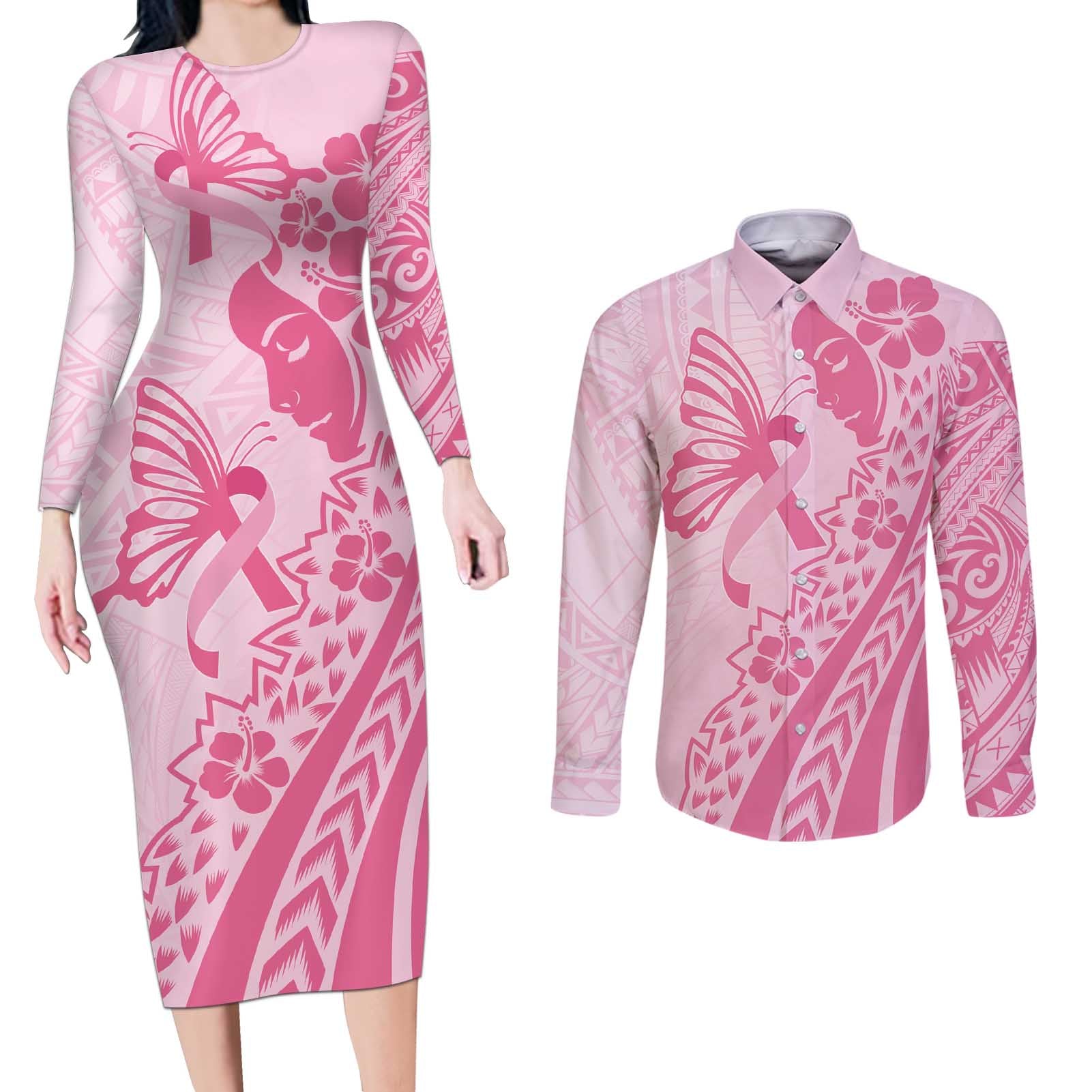 Pacific Girl and Butterfly Cancer Ribbon Personalised Couples Matching Long Sleeve Bodycon Dress and Long Sleeve Button Shirt