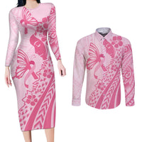 Pacific Girl and Butterfly Cancer Ribbon Personalised Couples Matching Long Sleeve Bodycon Dress and Long Sleeve Button Shirt LT9 Pink - Polynesian Pride
