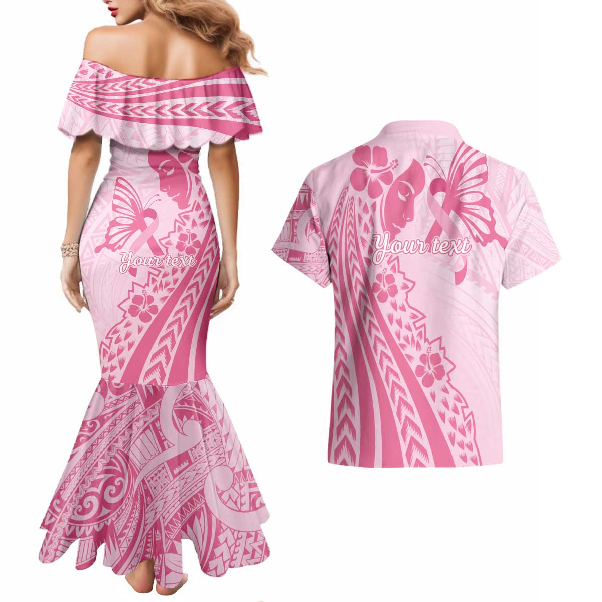 Pacific Girl and Butterfly Cancer Ribbon Personalised Couples Matching Mermaid Dress and Hawaiian Shirt LT9 - Polynesian Pride